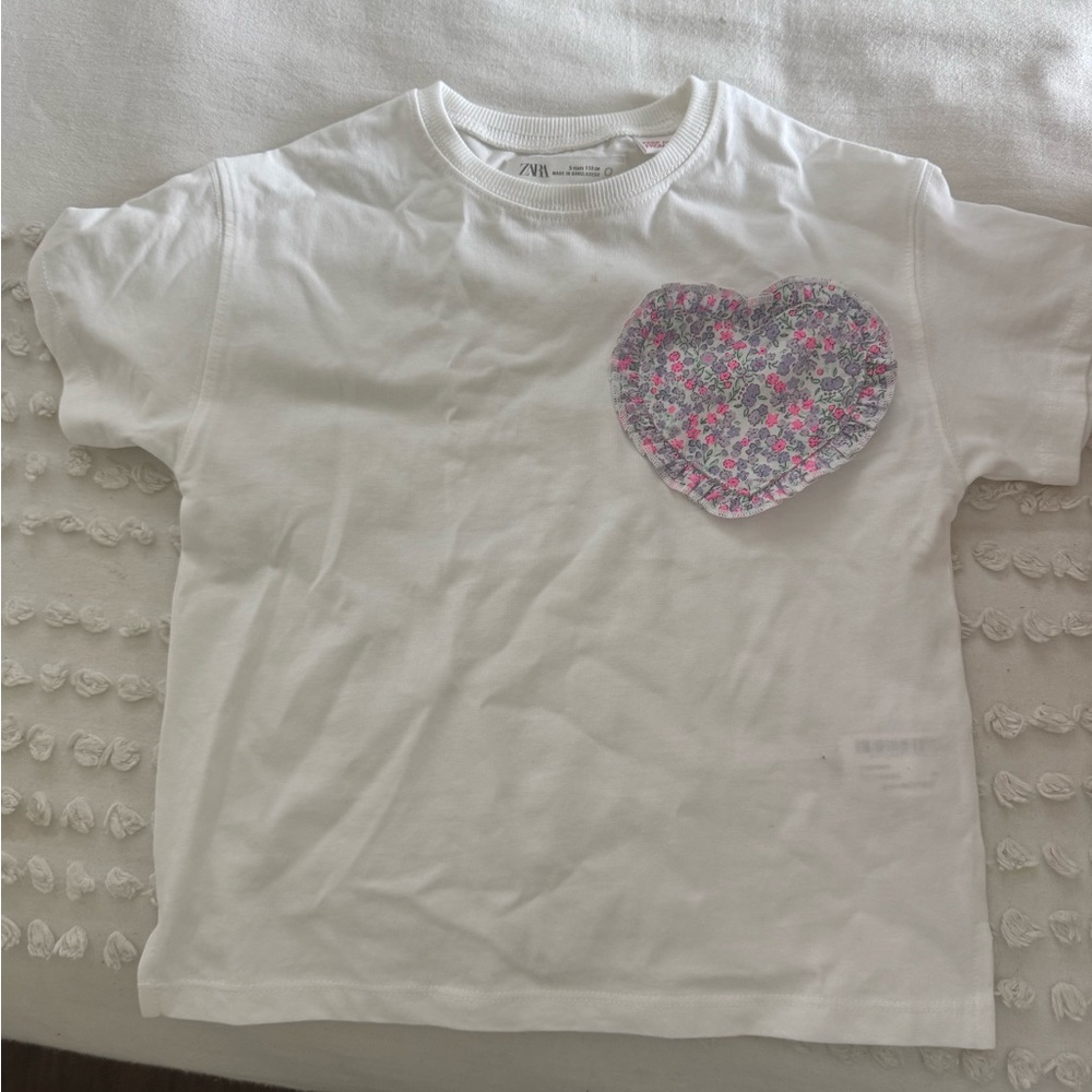 White Kids T-Shirt with Floral Heart Patch
